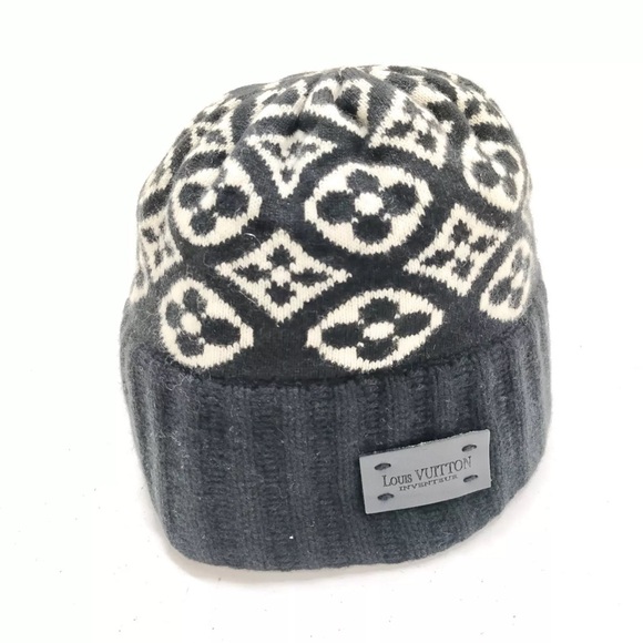 Auth Louis Vuitton 100% Cashmere Gray White Monogram Bonnet Hat Snow Cap - Picture 2 of 8